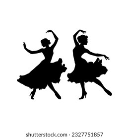 Vector illustration. Silhouette of two girls in dance. Ball gown.