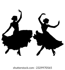 Vector illustration. Silhouette of two girls in dance. Ball gown.