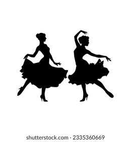 Vector illustration. Silhouette of two girls in dance. Ball gown.
