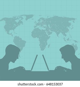 Vector illustration of a silhouette of two men on a background map of the world