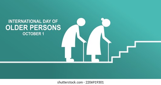 Ilustración vectorial, silueta de dos ancianos sosteniendo palos y palmas debajo, como pancarta o afiche, Día Internacional de las Personas de Edad.