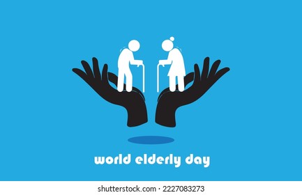 Vector illustration, silhouette of two old people holding sticks, and palms underneath, as a banner or poster, International Day of Older Persons.