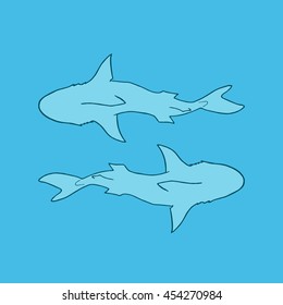 Vector illustration silhouette of two sharks on blue background. Vector two sharks top view.