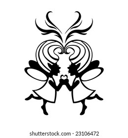 Vector  Illustration Silhouette of two simmetric fairies with magic heart on the middle.