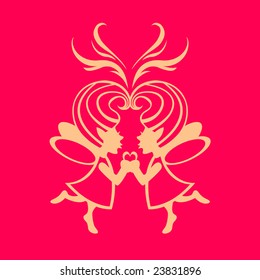 Vector  Illustration Silhouette of two simmetric fairies with magic heart on the middle.