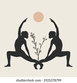 Vector illustration silhouette of two women with leaves and moon. Modern minimalist mystical astrology aesthetic illustration. Beautiful bohemian print set. Collection of contemporary artistic posters
