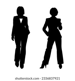 Vector illustration. Silhouette of two women colleagues girlfriends in classic clothes. Businesswoman secretary.