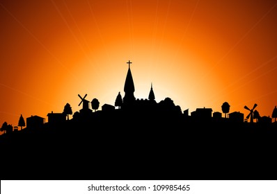 Vector Illustration - Silhouette Of Village With Church At Sunset