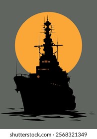 vector illustration of a silhouette of a warship against the background of the Moon, gray-orange background, black silhouette of a ship, for design illustrations on a nautical theme