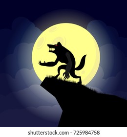 Vector illustration of silhouette werewolf  howling in front of the full moon.