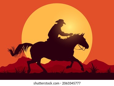 Vector Illustration Silhouette Of Western Cowboy Riding A Horse