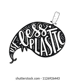 Vector illustration with a silhouette of a whale who can't breathe because the hole is plugged with a plastic water bottle. Environmental issue, pollution of the ocean. Use less plastic lettering