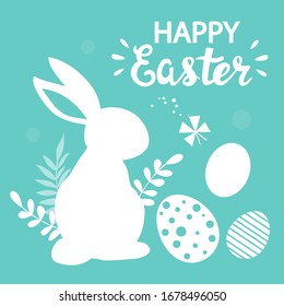 Vector illustration with silhouette of a white rabbits, eggs and the inscription happy easter on a blue background