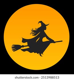 Vector illustration of a silhouette of a witch flying on a broomstick on a moon background 