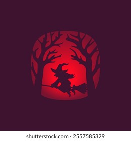 Vector illustration of a silhouette of a witch in the forest flies on a broomstick