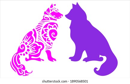 Vector illustration with silhouette of a wolf or dog in an mandala ornament. Hand drawn engraving style for tattoo, print, poster, sticker, card design.