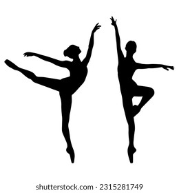 Vector illustration. Silhouette of a woman ballerina on stage. Ballet. Two girls.