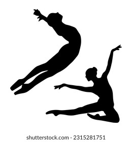 Vector illustration. Silhouette of a woman ballerina on stage. Ballet. Two girls.