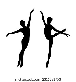 Vector illustration. Silhouette of a woman ballerina on stage. Ballet. Two girls.