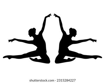 Vector illustration. Silhouette of a woman ballerina on stage. Ballet. Two girls.