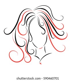 Vector illustration of a silhouette of a woman with curly hair in the style of Russian folk painting Mezen