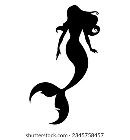 Vector illustration. Silhouette of a woman with a fish tail. Mermaid underwater.