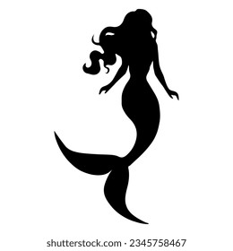 Vector illustration. Silhouette of a woman with a fish tail. Mermaid underwater.