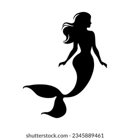 Vector illustration. Silhouette of a woman with a fish tail. Mermaid underwater.