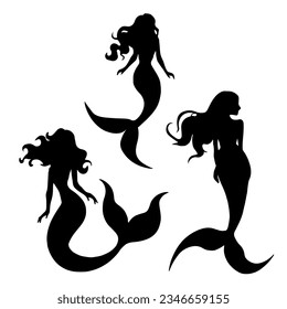 Vector illustration. Silhouette of a woman with a fish tail. Mermaid underwater. Set of people.