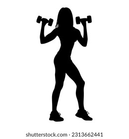 Vector illustration. Silhouette of a woman in the gym. Exercises with dumbbells.