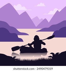 A vector illustration of Silhouette Woman Kayaking on the Lake