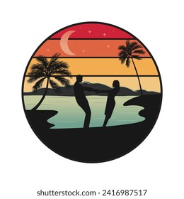 Vector illustration of silhouette woman and man dancing on the beach, at sunset in retro style inside a circle, suitable for t-shirts, stickers, etc