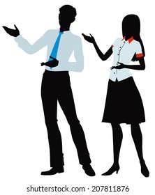 Vector illustration silhouette of  woman and men gesturing to the left