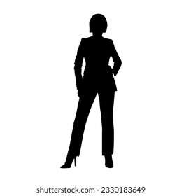 Vector illustration. Silhouette of a woman in a men's suit with trousers and a jacket. Fashion trend.