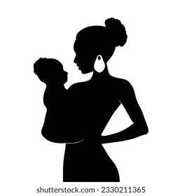 Vector illustration. Silhouette of a woman mother holding her baby in her arms.