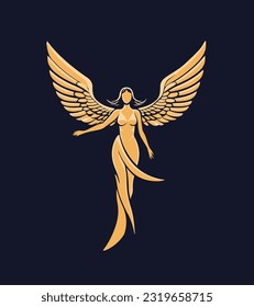 Vector illustration of a silhouette of a woman with spread wings on a white background