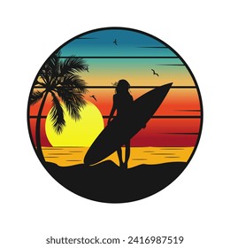 Vector illustration of silhouette woman surfing on the beach, at sunset in retro style inside a circle, suitable for t-shirts, stickers, etc