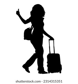 Vector illustration. Silhouette of a woman traveler with a suitcase.