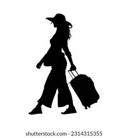 Vector illustration. Silhouette of a woman traveler with a suitcase.