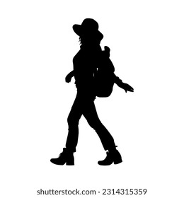 Vector illustration. Silhouette of a woman traveler with a suitcase.