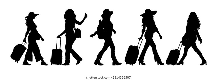 Vector illustration. Silhouette of a woman traveler with a suitcase. Big set of shadows.