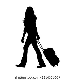 Vector illustration. Silhouette of a woman traveler with a suitcase.