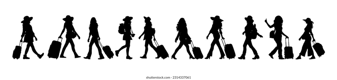 Vector illustration. Silhouette of a woman traveler with a suitcase. Big set of shadows.