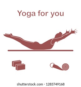 Vector illustration with silhouette of woman in yoga pose, blocks, belt for yoga. Relax and meditate. Healthy lifestyle. Balance training. Design for banner and print.