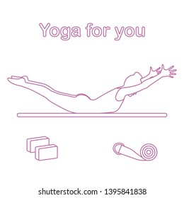 Vector illustration with silhouette of woman in yoga pose, blocks, belt for yoga. Relax and meditate. Healthy lifestyle. Balance training. Design for banner and print.