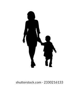 Ilustración vectorial. Silhouette de mujeres madre caminando de la mano con su hijo.