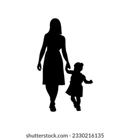 Ilustración vectorial. Silhouette de mujeres madre caminando de la mano con su hijo.