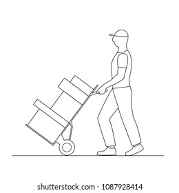 vector illustration silhouette of a working man carrying boxes on a trolley,linear design