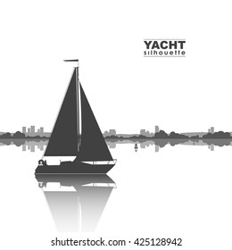 Vector illustration: Silhouette of yacht and the city on the horizon