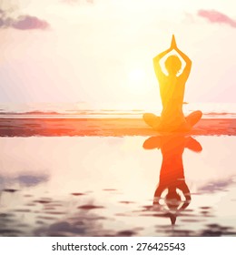 Vector illustration of Silhouette of yoga woman on sea sunset, In bright colors.